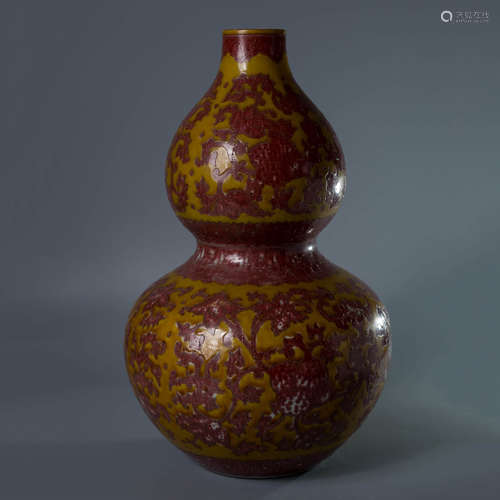 A Chinese Yellow Ground Underglazed Red Porcelain Gourd-shaped Vase