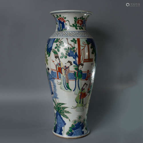 A Chinese Famille Verte Figure Painted Porcelain Tube Vase