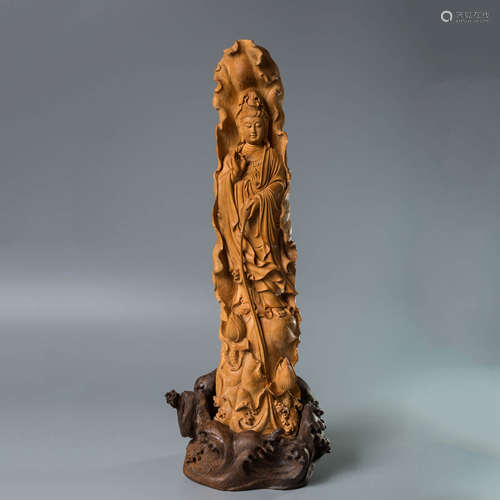 A Chinese Sandalwood Carved Guanyin Statue