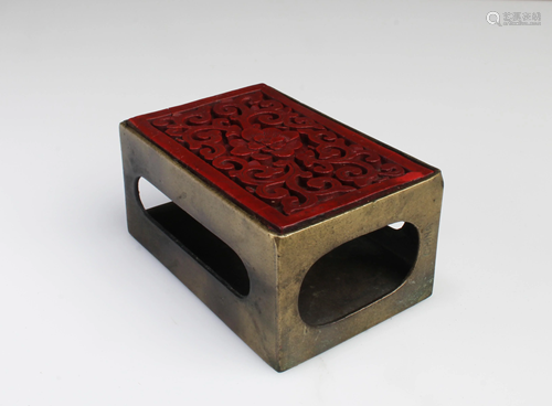 A Bronze with Cinnabar Lacquer Matchstick Box