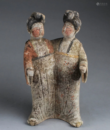 Chinese Pottery Twin Maiden Statue