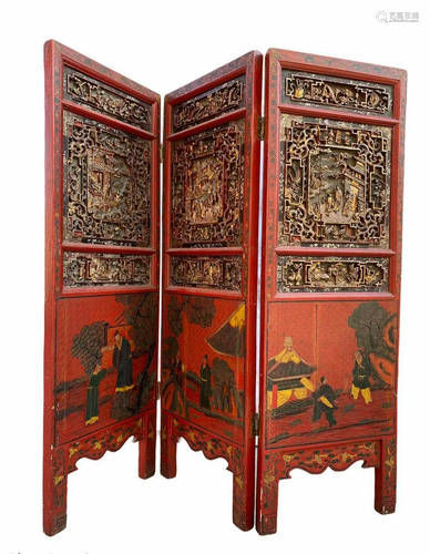 A Three Panel Red Lacquer Table Screen