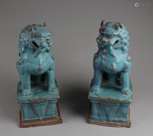 A Pair of Junyao Porcelain Foo Dog Displays