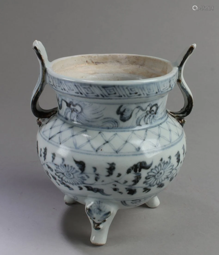 Chinese Blue & White Porcelain Tripod Censer