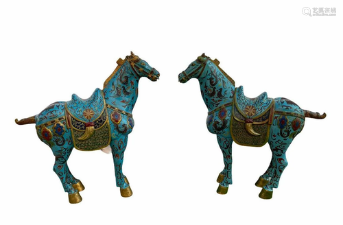 Old Pair of Carved Wooden with Enamel FaLangCai Horse