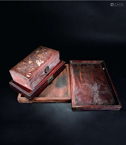 清  各式红木首饰盒、红木托盘（四件）