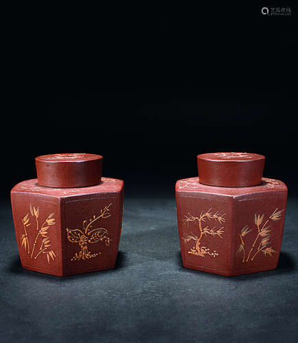 清  紫砂六角花卉茶叶罐（一对）