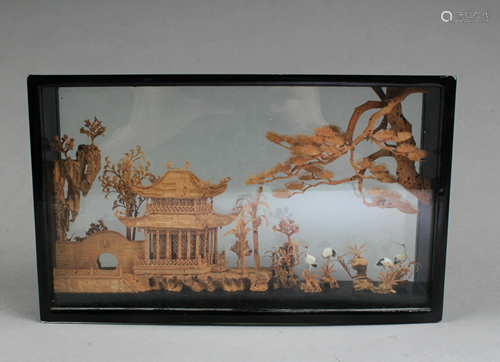 Chinese Fujian Cork Carving in Black Lacquer Frame