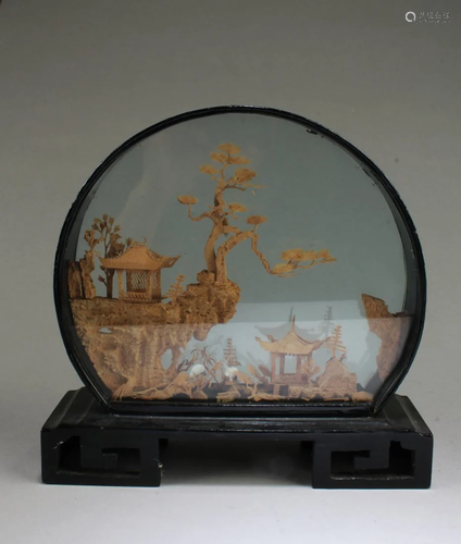 Chinese Fujian Cork Carving in Black Lacquer Frame