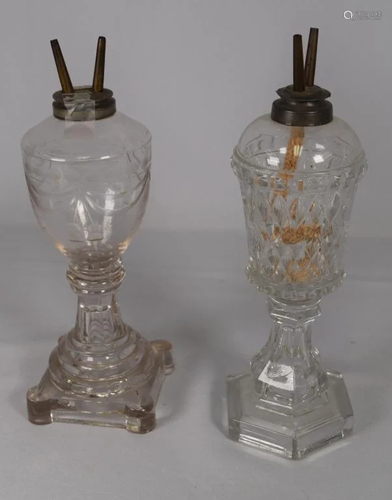 TWO SANDWICH GLASS WHALE OIL LAMPS