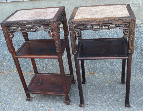 CHINESE MARBLE TOP CARVED TEAK ORIENTAL STANDS