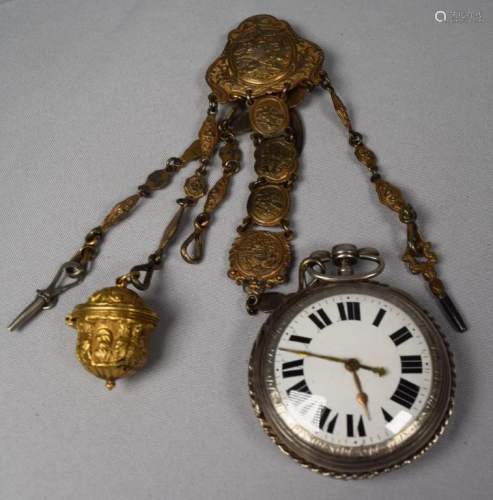 SILVER VERGE POCKET WATCH & CHATELAINE