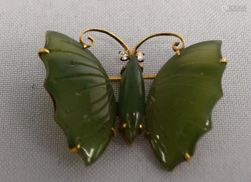 14K YELLOW GOLD DIAMOND JADE BUTTERFLY PIN