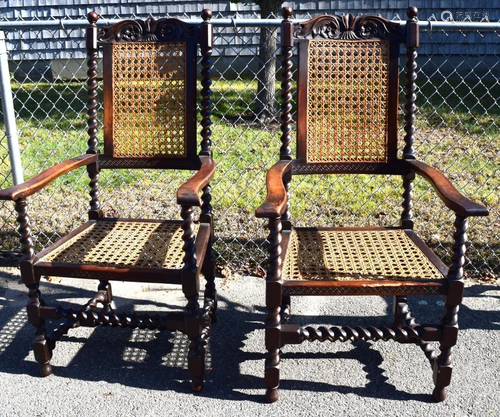 PAIR OF ENGLISH STYLE OAK BARLEY TWIST ARM CHAIRS: