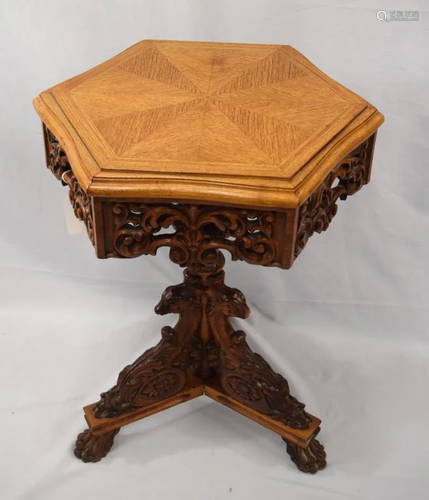 ORNATE CARVED MARQUETRY OCTAGON TOP TABLE