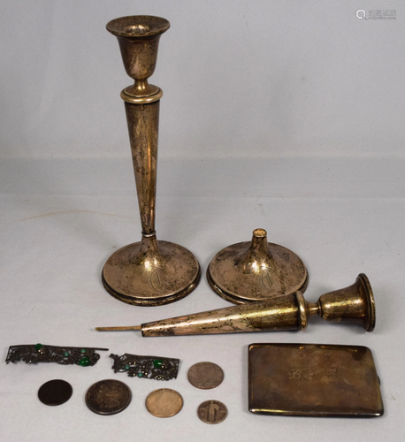 SILVER COINS, CANDLESTICKS & CIGARETTE CASE