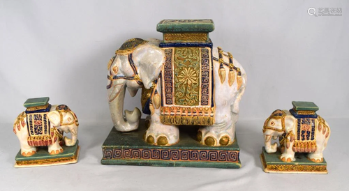 THREE PIECE GLAZED POTTERY ELEPHANT SET