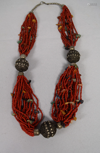 OLD INDIAN MUGAL SILVER & BEADED GEMSTONE NECKLACE