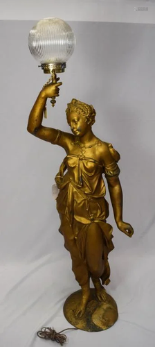 ART NOUVEAU SPELTER FEMALE NEWELL POST LAMP