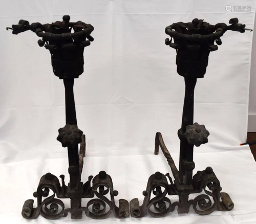 WROUGHT IRON JACOBEAN STYLE ANDIRONS: