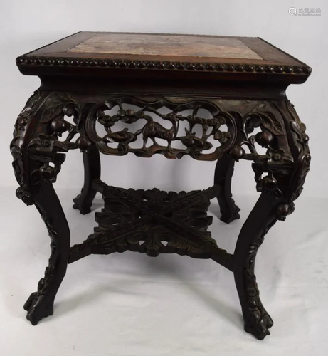 19C MARBLE INSERT CARVED TEAK ORIENTAL STAND: