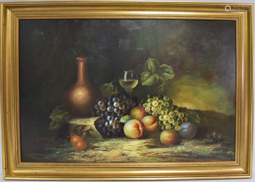 LARGE STILL OIL PAINTING WITH WINE & FRUIT: