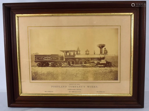 SEPIA FRAMED 1874 LOCOMOTIVE & TENDER PHOTOGRA…