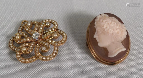 DIAMOND PEARL 14K PIN & 10K CAMEO JEWELRY