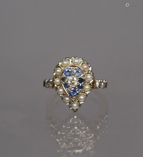 14K SAPPHIRE DIAMOND & PEARL PEAR SHAPE RING