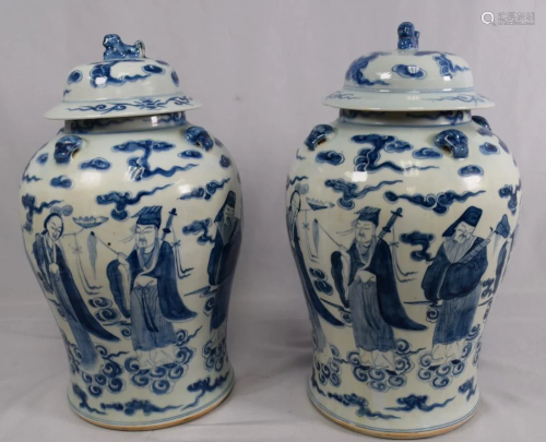 PAIR CHINESE BLUE & WHITE PORCELAIN TEMPLE JARS