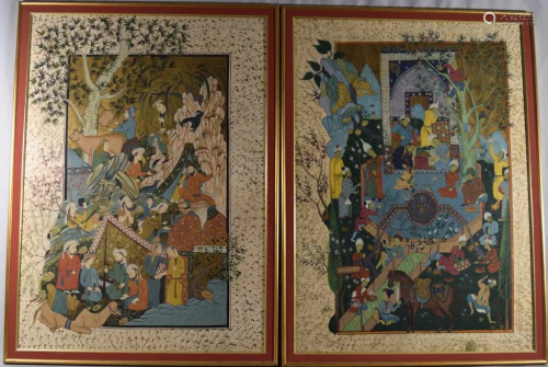 LARGE PAIR OF FRAMED PERSIAN CLOTH PAINTINGS