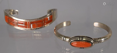 TWO SILVER AND CORAL NATIVE AMERICAN JEWELRY