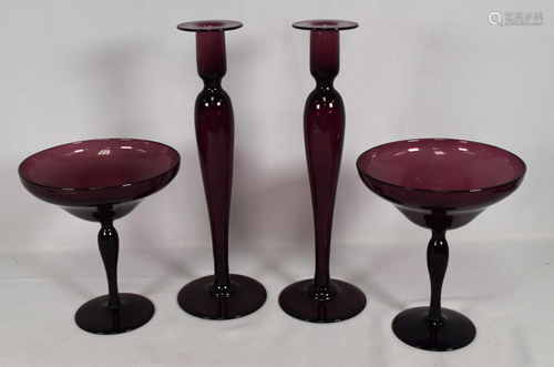 PAIRPOINT AMETHYST GLASS CANDLESTICKS, COMPOTES