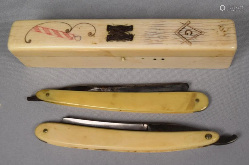 MASONIC IVORY RAZOR BOX WITH RAZORS