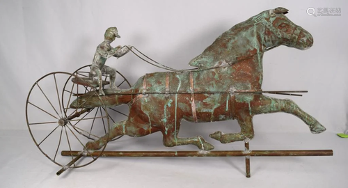 20TH C COPPER HORSE TROTTER & JOCKEY WEATHERVANE: