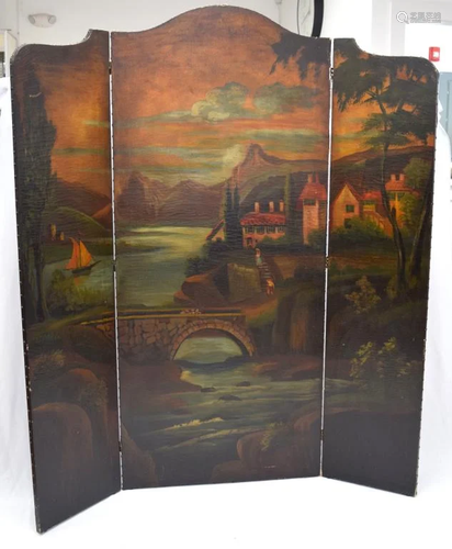 PAINTED THREE PANEL LEATHER DRESSING SCREEN: