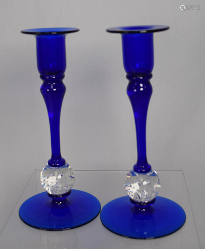 SIGNED COBALT PAIRPOINT CANDLESTICKS