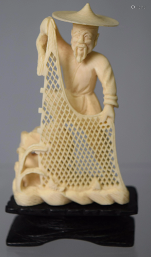 CHINESE CARVED IVORY FISHERMAN & BOX