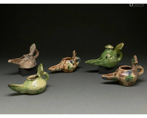 ISLAMIC COLLECTION OF FIVE SELJUK GLAZED OIL LAMPS