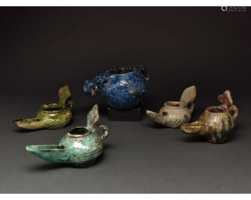 ISLAMIC, COLLECTION OF FIVE GLAZED POTTERY LAMPS