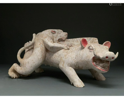 CHINA, HAN DYANSTY POTTERY FIGURE OF TIGER AND BO…