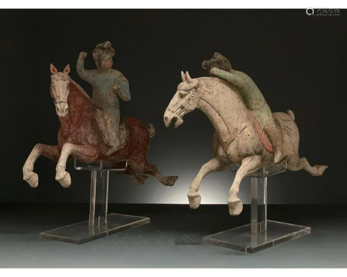 CHINA, TANG DYANSTY PAIR OF PAINTED POTTERY POLO RIDERS