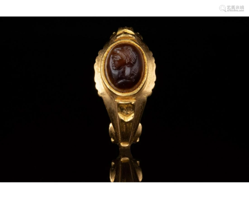 ROMAN SOLID GOLD INTAGLIO RING WITH HEAD OF MARS