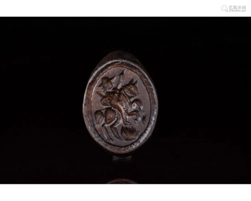 MEDIEVAL BRONZE SIGNET RING WITH KNIGHT / HORSEMAN