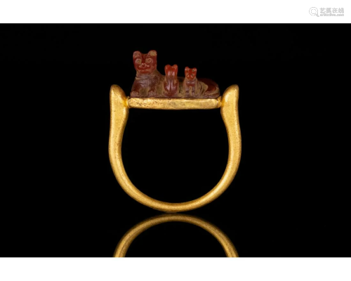 EGYPTIAN GOLD RING WITH CARNELIAN CATS GEM