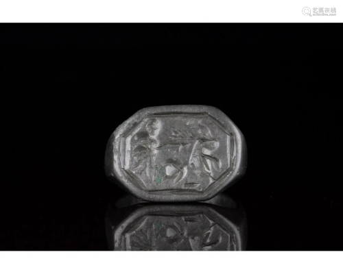 MEDIEVAL SILVER ALLOY SEAL RING WITH HUNTER FIGHTING A