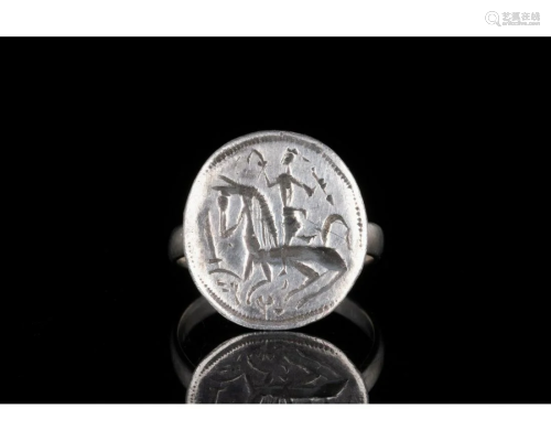 MEDIEVAL BARBARIAN SILVER RING WITH HORSEMAN
