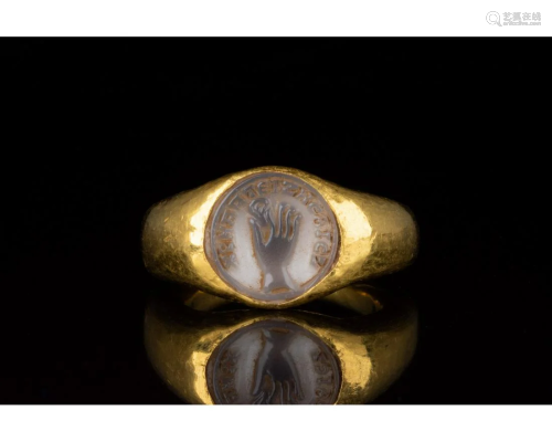 RARE ROMAN GOLD CAMEO RING WITH HAND AND SCRIPT