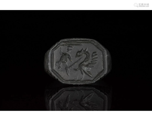 VIKING BRONZE RING WITH HERO FIGHTING A DRAGON - RARE