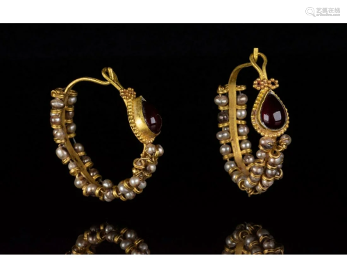 ROMAN GOLD, PEARL AND GARNETS EARRINGS